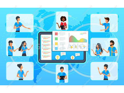 Business people at a video conference business chat communication conference dialogue discussion education freelance internet magicallandart meeting mobile office online people tablet team vector video webinar