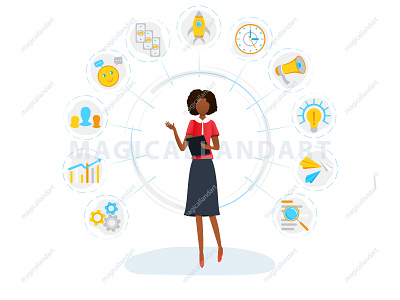 Black businesswoman and multitasking concept effective employee finance freelance icon infographic magicallandart management money multitask office organization project startup strategy success task time woman work