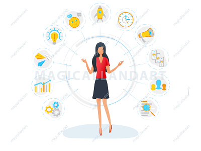 Businesswoman is standing surrounded by office task icons business busy cash chat clock computer corporate effective efficiency employee finance freelance icon infographic magicallandart management money multitask office woman