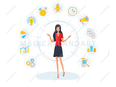 Businesswoman is standing surrounded by office task icons