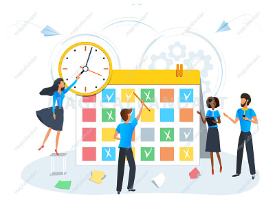 Busy business people planning a meeting with calendar business clock deadline finance magicallandart man management meeting office optimization organize people plan process productive project schedule strategy task team