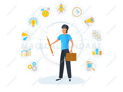 Businessman is standing and holding briefcase business cash chat clock computer corporate effective efficiency employee finance freelance icon infographic magicallandart man management multitask office organization project