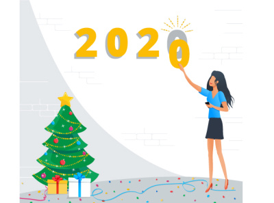 Young business woman preparing to meet new year at office 2020 adobe illustrator business card christmas corporate decorating event flat gift greeting happy merry new year office people team tree vector woman