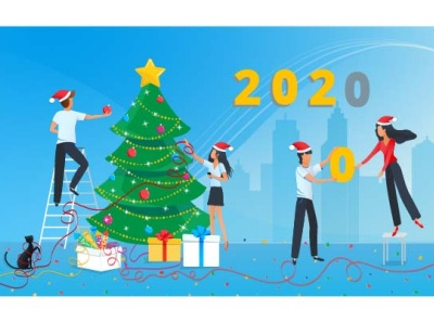 People are preparing for the new year 2020 business cartoon christmas corporate decorating eve event gifts greeting happy man new office party people santa tree woman year