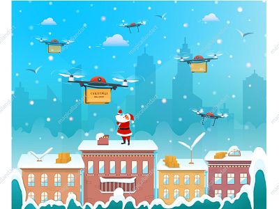 Santa Claus on the roof of the house 2020 boxes christmas city claus delivery drone festive gift house merry new prezent roof santa snow town village winter year