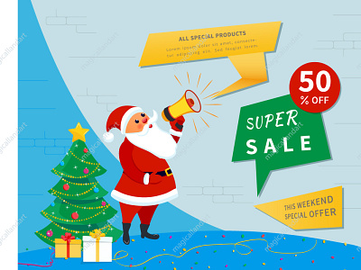 Santa Claus with megaphone, sale banner banner business cartoon clous cristmas discount gift holiday label megaphone merry new poster sale santa shopping special tree vector year