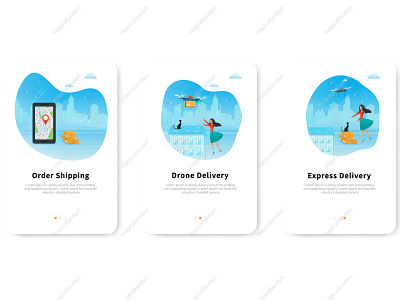 Drone delivery service concept app city delivery drone express madicallandart map mobile onboarding online order parcel receive service shipment smartphone tracking van vector woman