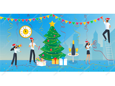 People decorate Christmas tree 2020 business champagne christmas confetti corporate decorate events garland gifts magicallandart man new office party people ribbon tree woman year