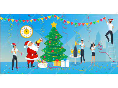 Santa Claus and business people are decorating Christmas tree 2020 business champagne christmas claus clock decorating decoration golden happy magicallandart man new office people santa santaclaus tree woman year