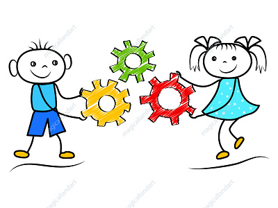 Funny doodle boy and girl holding gears boy cartoon children cooperation design development doodle drawn flat gears girl hand isolated magicallandart people scribble stickman success teamwork wheel