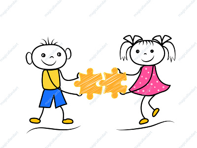 Stickman boy and girl holding puzzle boy business children doodleaday drawn flat girl hand happy holding isolated kids magicallandart people puzzle scribble stickman teamwork vector