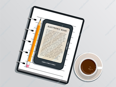 Ebook on digital tablet screen app business coffe design diary digital display e reader ebook financial magicallandart mockup nfc notebook notepad pencil screen tablet vector web