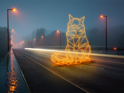 Street cat night vision cat illustration light neon night street