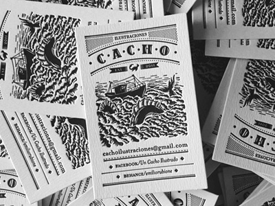 Letterpress business cards black boat business bw cacho cards illustration letterpress monster white