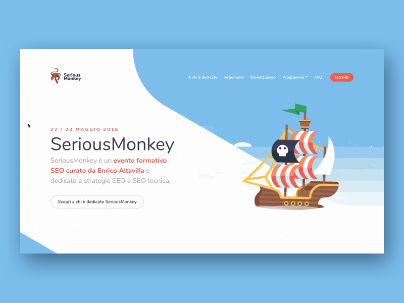 Serious Monkey Landing Page animation code develop illustration monkey pirate ship website