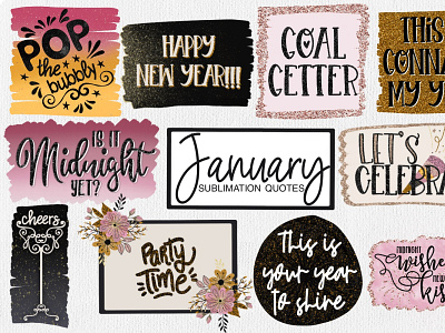 January Sublimation Quote Bundle | New Year Sublimation black and gold png quote