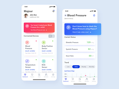 Health Monitoring App blood pressure ecg healthcare ios medical medical app medical care monitor pressure sensors ui ux vitals