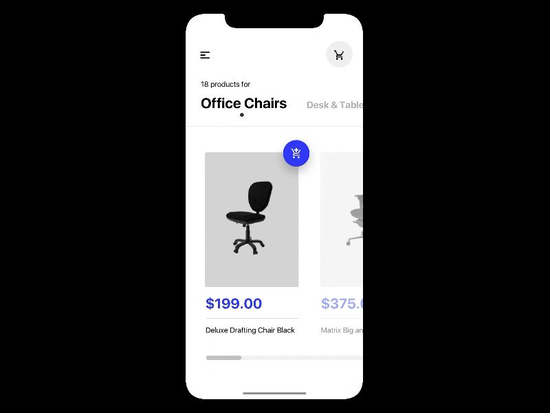 Office Shop App UI - Item to Cart Animation add to cart animation animation design app app layouts appdesign appui appuidesign cart ios layouts microinteraction mobile office shop shopping ui uidesign uiux ux