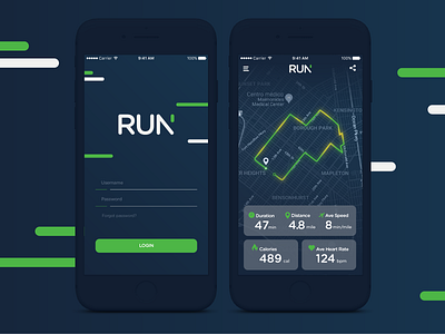Just Run! app cards design fitness login map run ui
