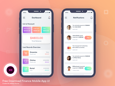 Free Finance Mobile App UI adobe app bank creative dashboard finance free mobile notification payment ui xd