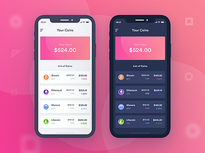 Crypto coins mobile app UI (Dark & Light) app bitcoin crypto cryptocurrency dashboard design ico mobile payment token ui wallet