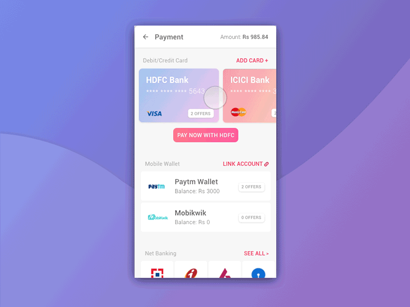 Payment Method Selection Screen