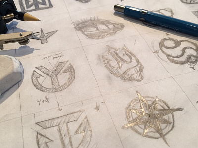 Logo Thumbnails andculture compass conch design drawing logo mark sketches thumbnails trident