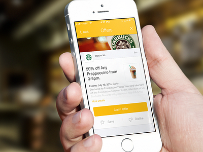 Mobile SDK Single Offer Screen blur coffee design detail helvetica interface ios iphone mobile mockuuups ui yellow