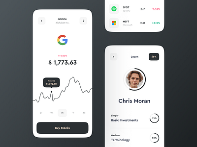 Stock Page & Profile Progress for Investment App app chart clean finance app fintech interface investments mobile profile statistics stocks ui ux ux design