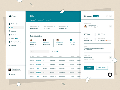 Dashboard: Bills page for Point app account app banking bill dashboard fintech invoice software vendor web app