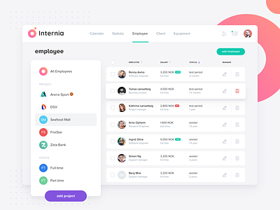 Employee page admin panel calendar dashboad ecommerce employee employee id employees filter internia logo manage management app notifications projects saas salary team ui ux ux design