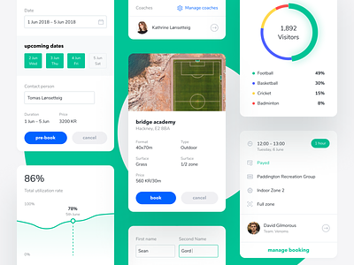 Widgets & Cards for Booking app admin panel analytics book booking calendar charts coach dashboard event filter notification place planning pre booking saas schedule search sports facility web app