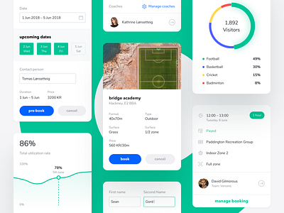 Widgets & Cards for Booking app admin panel analytics book booking calendar charts coach dashboard event filter notification place planning pre booking saas schedule search sports facility web app