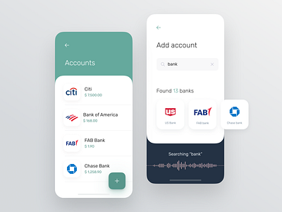 Accounts management for banking app account app bank account banking banking app business card design system finance app fintech interface mobile product design search results ui ui ux ux ux design voice assistant voice search