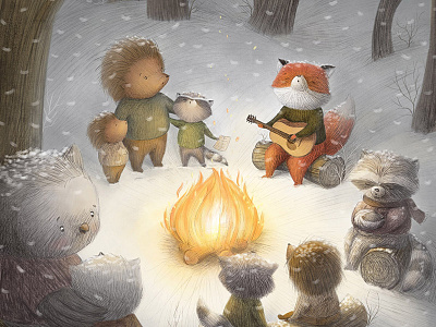 Campfire animals campfire drawing forest fox hedgehog illustration kidlitart owl snow winter winter illustration