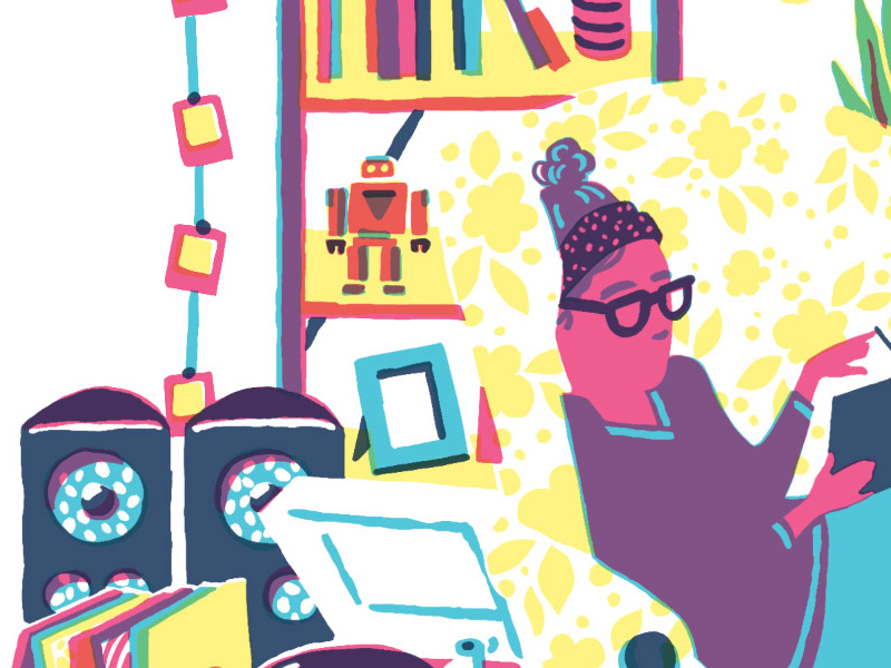 Get Comfy print overprint reading illustration overlay