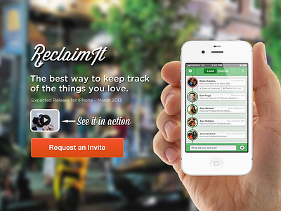 Landing Page - ReclaimIt app button hand iphone landing page logo ui