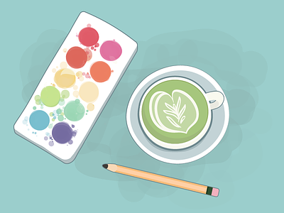 Workspace Essentials aeriel desktop green tea latte matcha pencil watercolor workspace