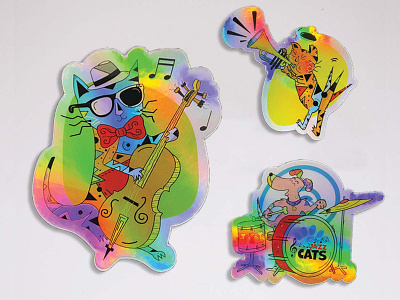 Jazz Cats Holographic Stickers advertising animals children creative drawing holographic illustration jazz marketing collateral music print stickers trio
