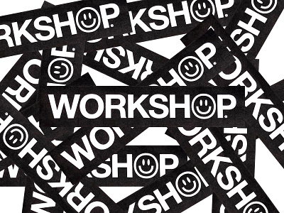 Workshop® blackandwhite font grunge helvetica lettermark logo logos mark smile smiley face sticker typeface wordmark