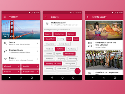 Yapsody Discover Events Nearby account android discovery events list material design tags yapsody