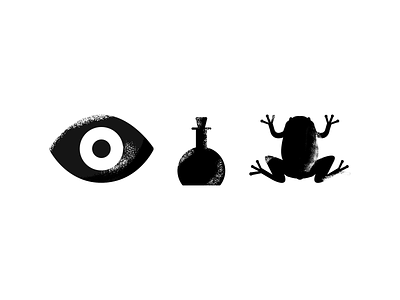 Fairy tale icons black charcoal eye frog icons minimalist monochrome potion texture