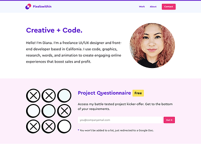 New Redesigned Portfolio blue designer developer email logo opt-in pink pixels portfolio purple ui ux
