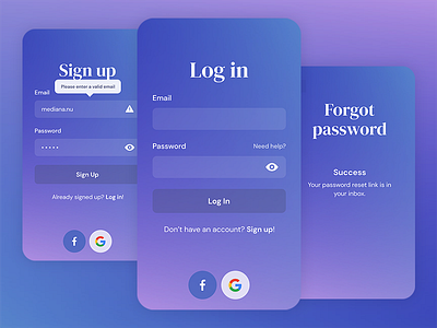 Mobile Login Screens app blue facebook fields forgot form google login mobile password purple signup ui ux