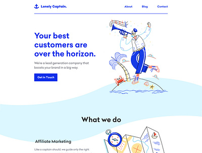 Lonely Captain Website Design blue captain happy island map marine nautical sailor trumpet ui ux