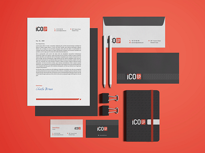 icoUp - Brand identity a4 black brand design brand identity design branding branding design business card design envelope flyer grey letterhead logo notebook red white