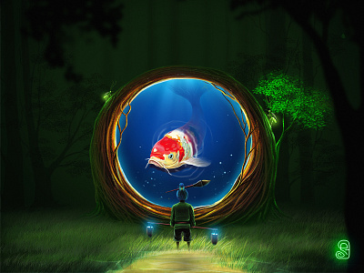 Koi Boy boy character devi digitalart fish illustration koi poster tree wather