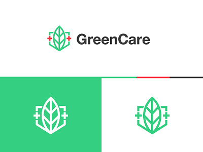 GreenCare Logo brand designer graphic designer green healthcare leaf leaves logo designer logo for sale logo maker red cross shield stock logos