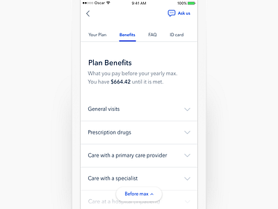 Plan Benefits blue health medical mobile navigation oscar oscar health tab toggle ui ux