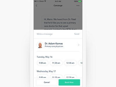 Book an appointment · concept appointment calendar chat health medical mobile modal navigation oscar oscar health ui ux